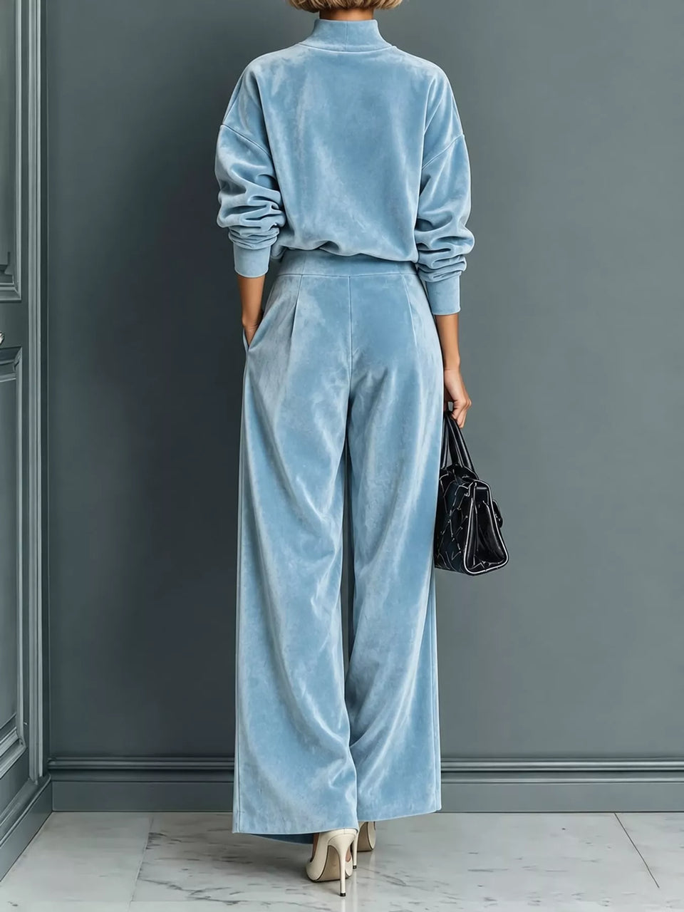 Velvet Mock Neck Long Sleeve Top and Wide-Leg Pants Set