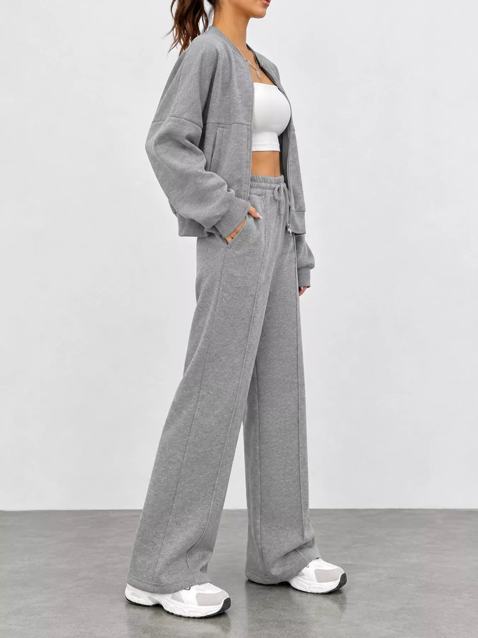 Casual Zip-Up Jacket and Wide-Leg Sweatpants Set