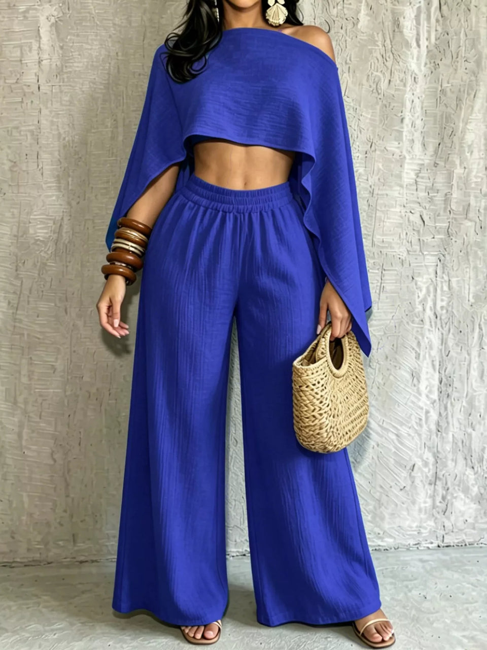 Boat Neck Crop Top and Wide-Leg Pants Set