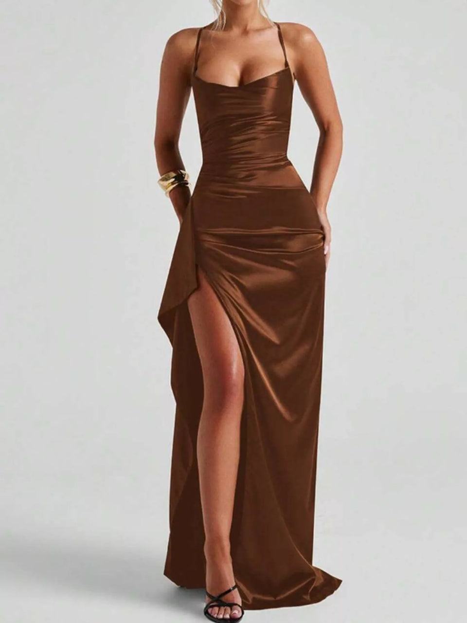 Satin Ruched High-Slit Maxi Dress