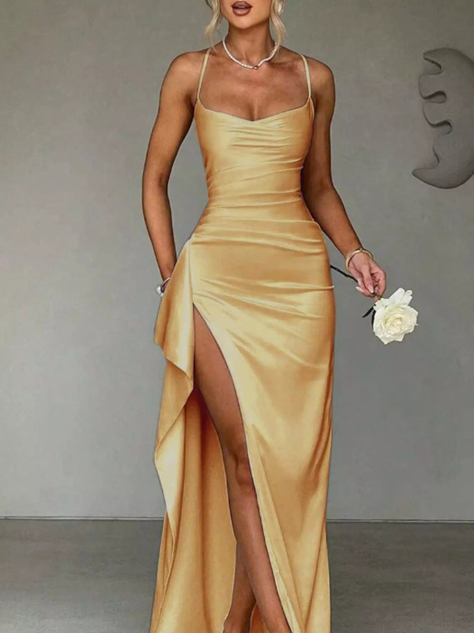 Satin Ruched High-Slit Maxi Dress