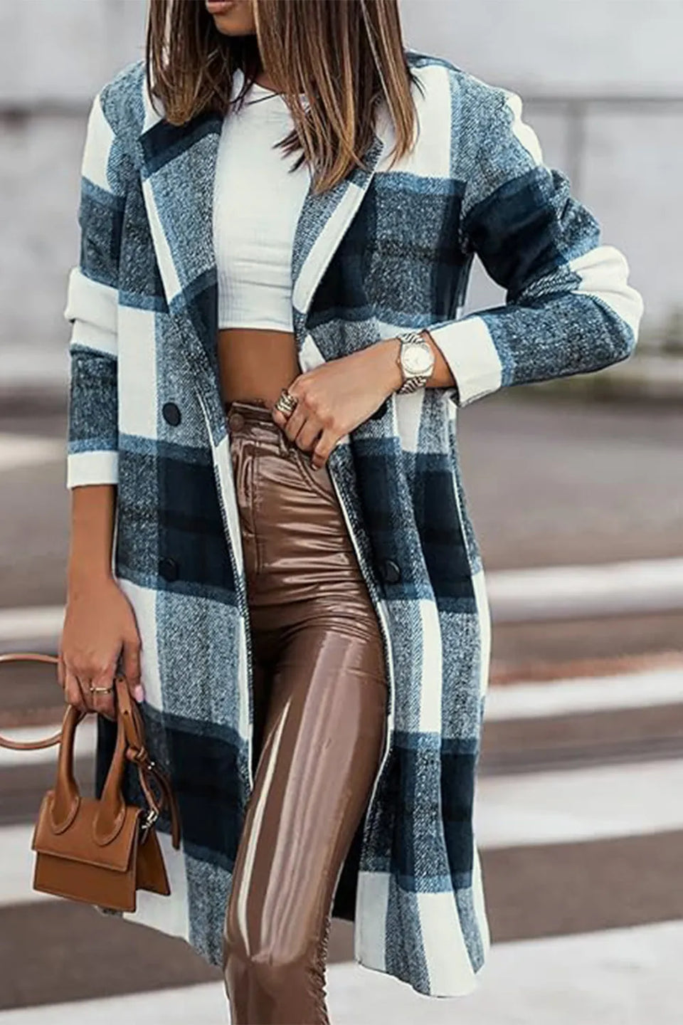 Double Take Plaid Button-Up Lapel Collar Coat