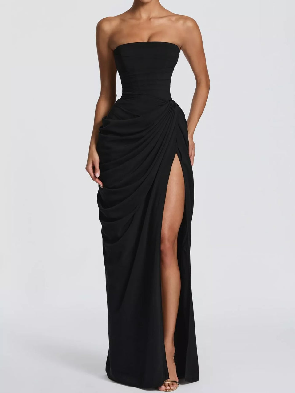 Elegant Strapless Ruched High-Slit Evening Dress