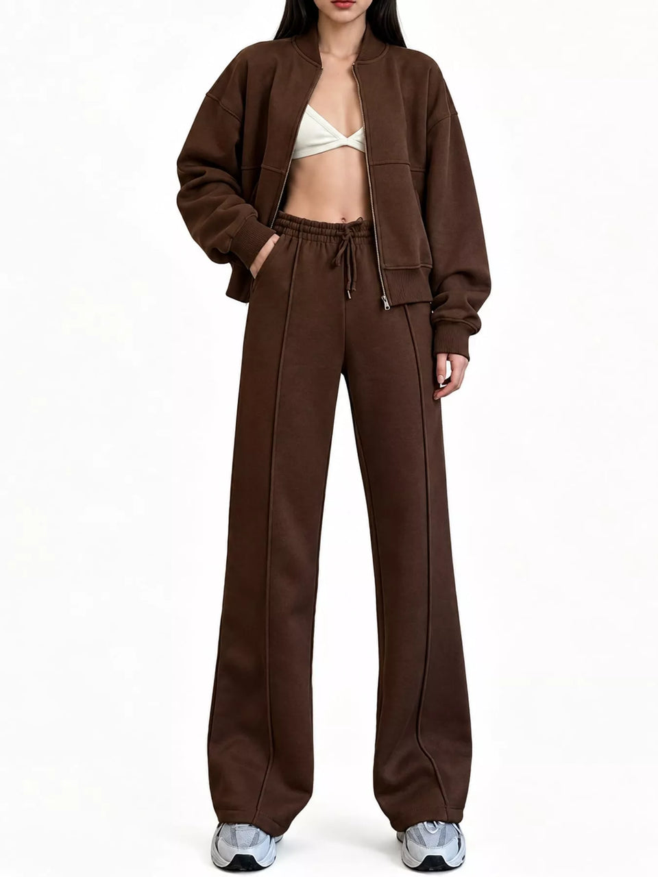 Casual Zip-Up Jacket and Wide-Leg Sweatpants Set