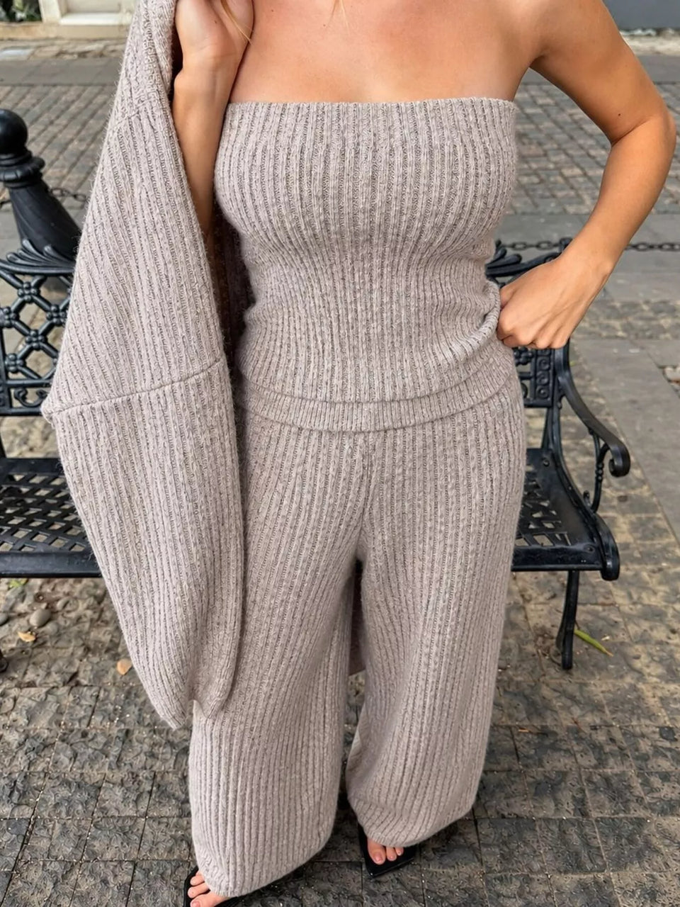 Ribbed Knit Three-Piece Sweater Set