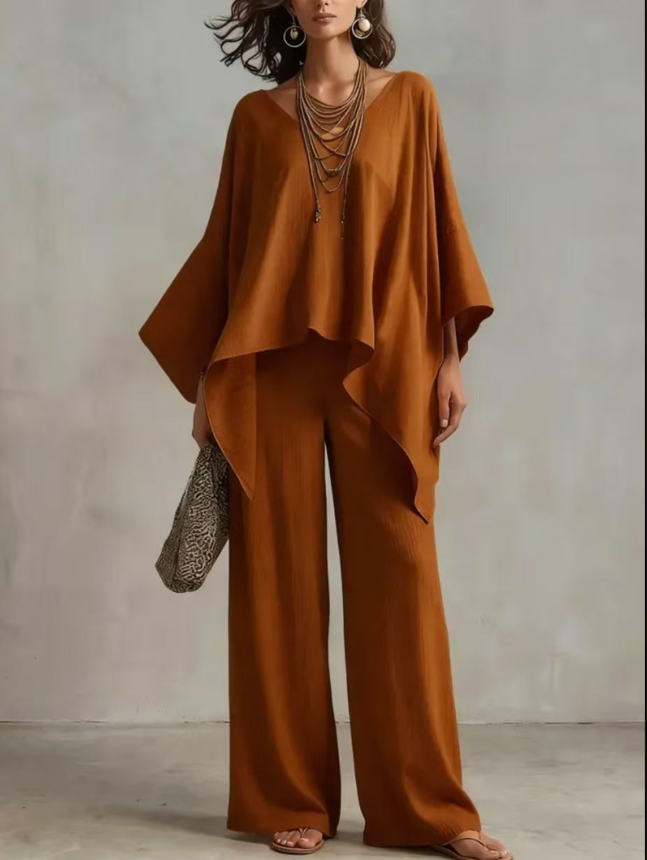 Set i linnemix med asymmetrisk topp och vida byxor