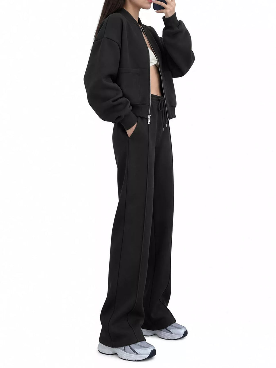 Casual Zip-Up Jacket and Wide-Leg Sweatpants Set