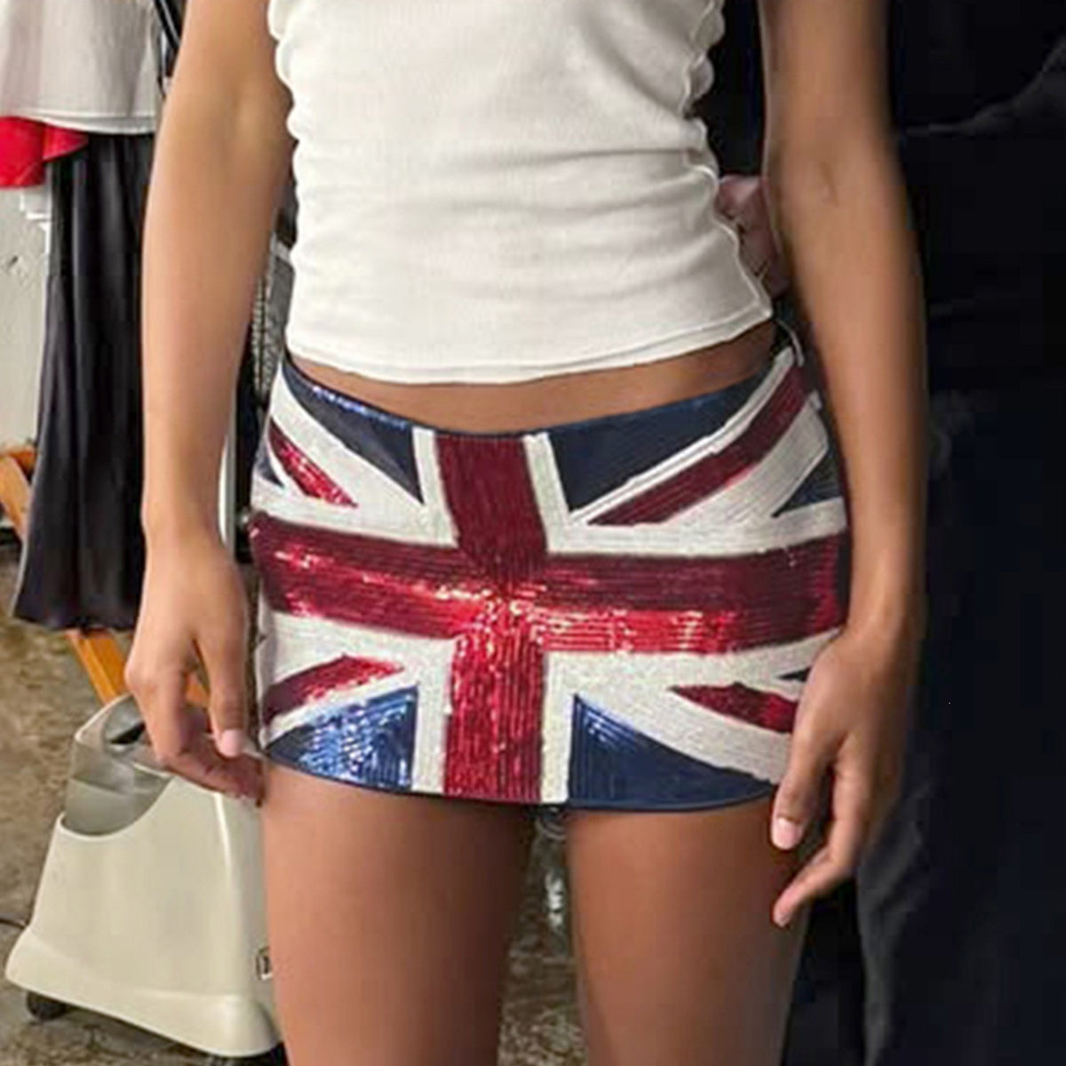 Paljettkjol i minimodell med Union Jack-tryck