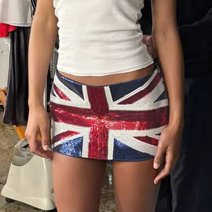 Paljettkjol i minimodell med Union Jack-tryck