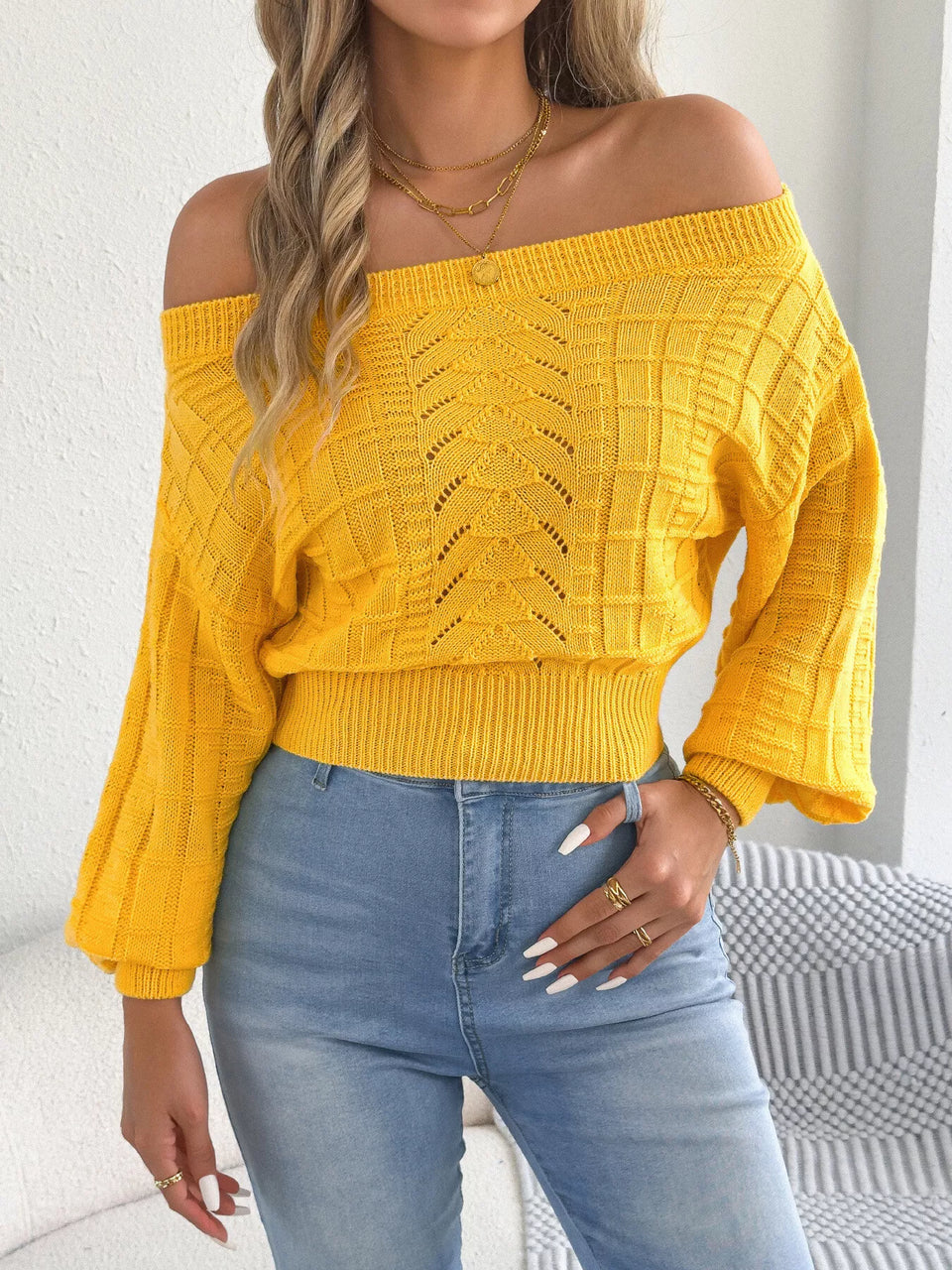 Off-Shoulder Openwork Cropped Sweater