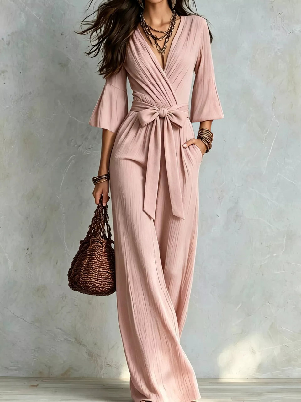 Pleated Wide-Leg Jumpsuit with Tie-Waist