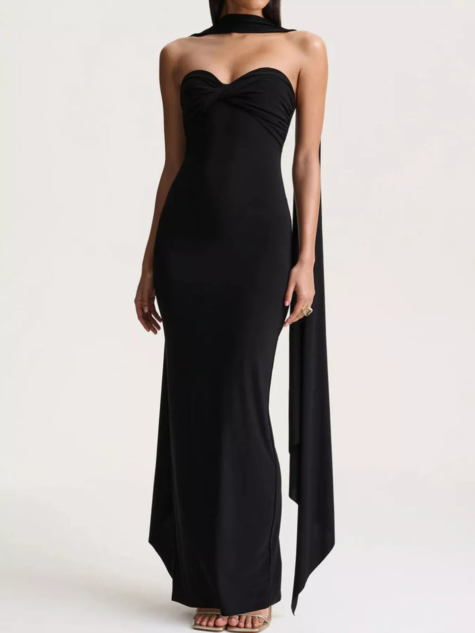Strapless Ruched Bodycon Maxi Dress with Scarf