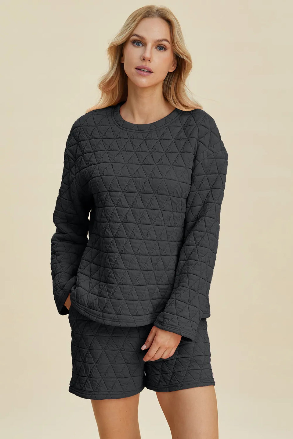 Double Take Textured Long Sleeve Top and Shorts Set
