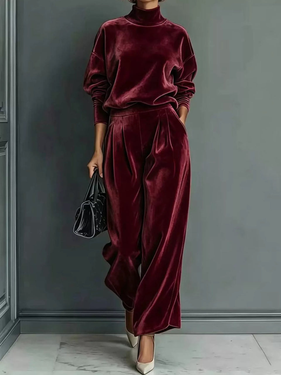 Velvet Mock Neck Long Sleeve Top and Wide-Leg Pants Set
