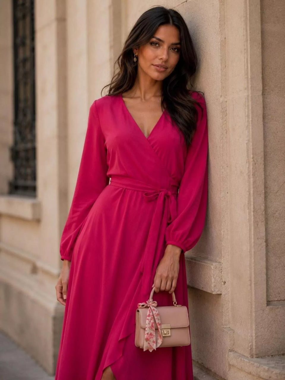 Long Sleeve Wrap Dress with Waist Tie