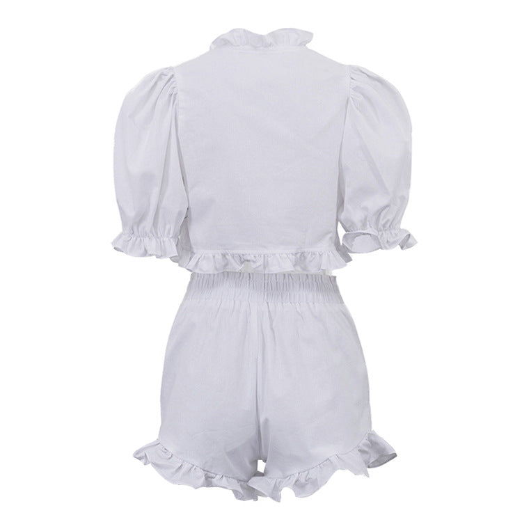 Vitt set med volangtopp och shorts i linnemix