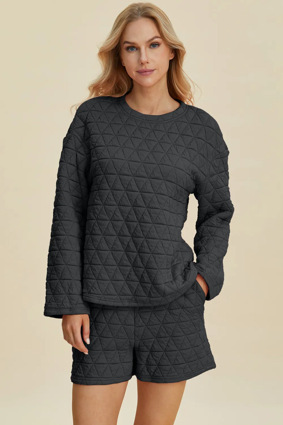 Double Take Textured Long Sleeve Top and Shorts Set