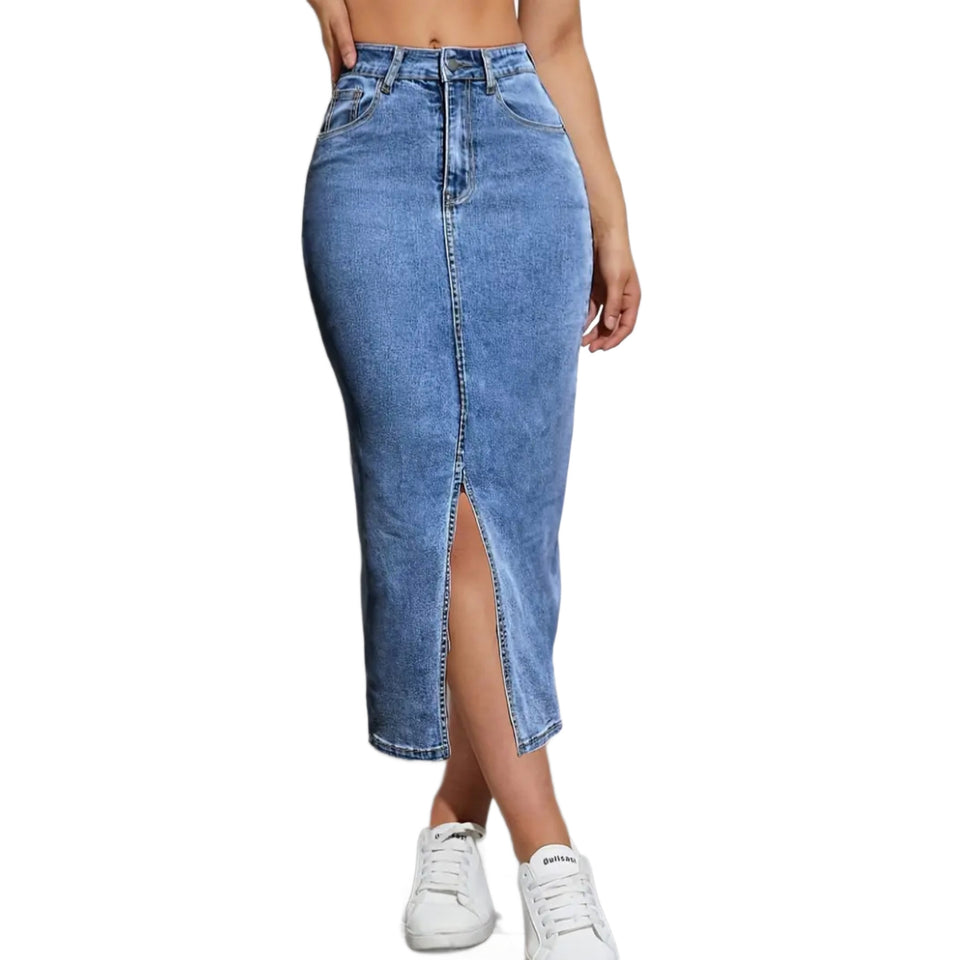 Jeansmidikjol med hög midja och slits