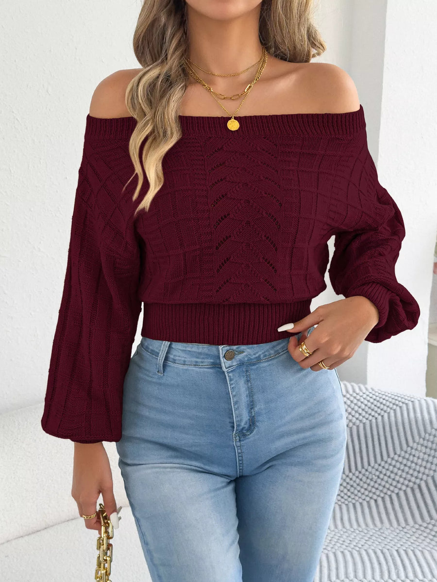 Off-Shoulder Openwork Cropped Sweater