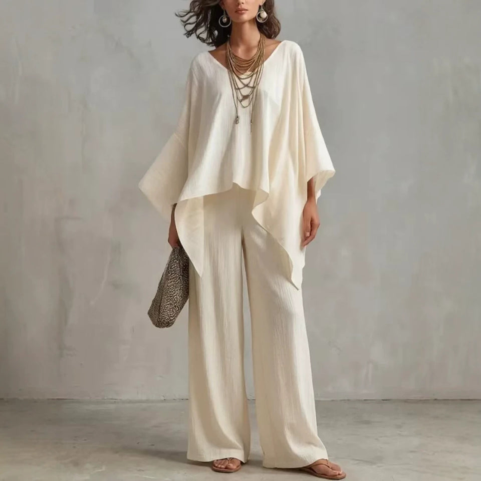 Set i linnemix med asymmetrisk topp och vida byxor