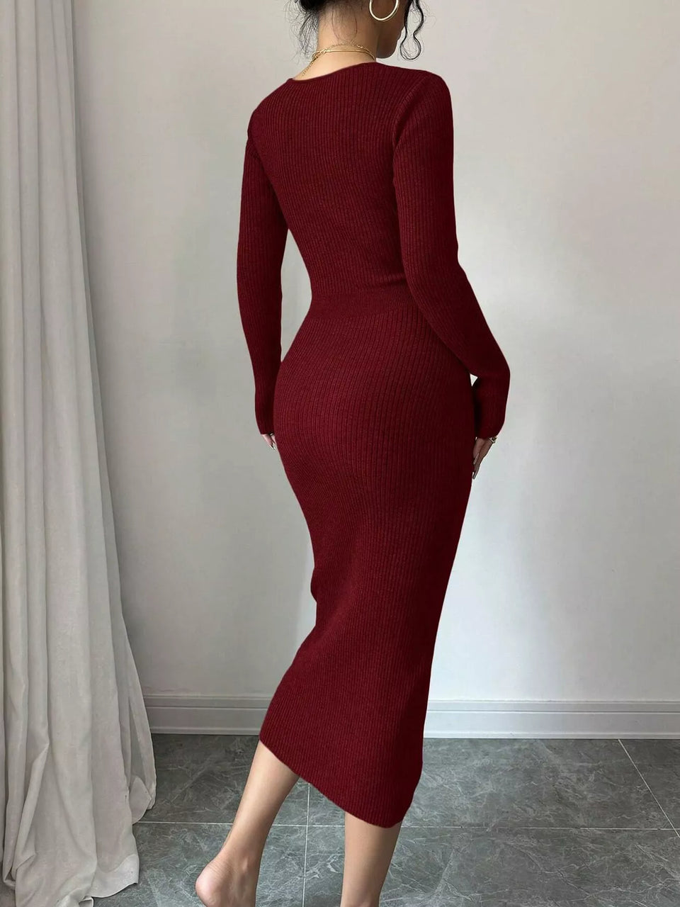 Decorative Button Ribbed Knit Sweater Dress