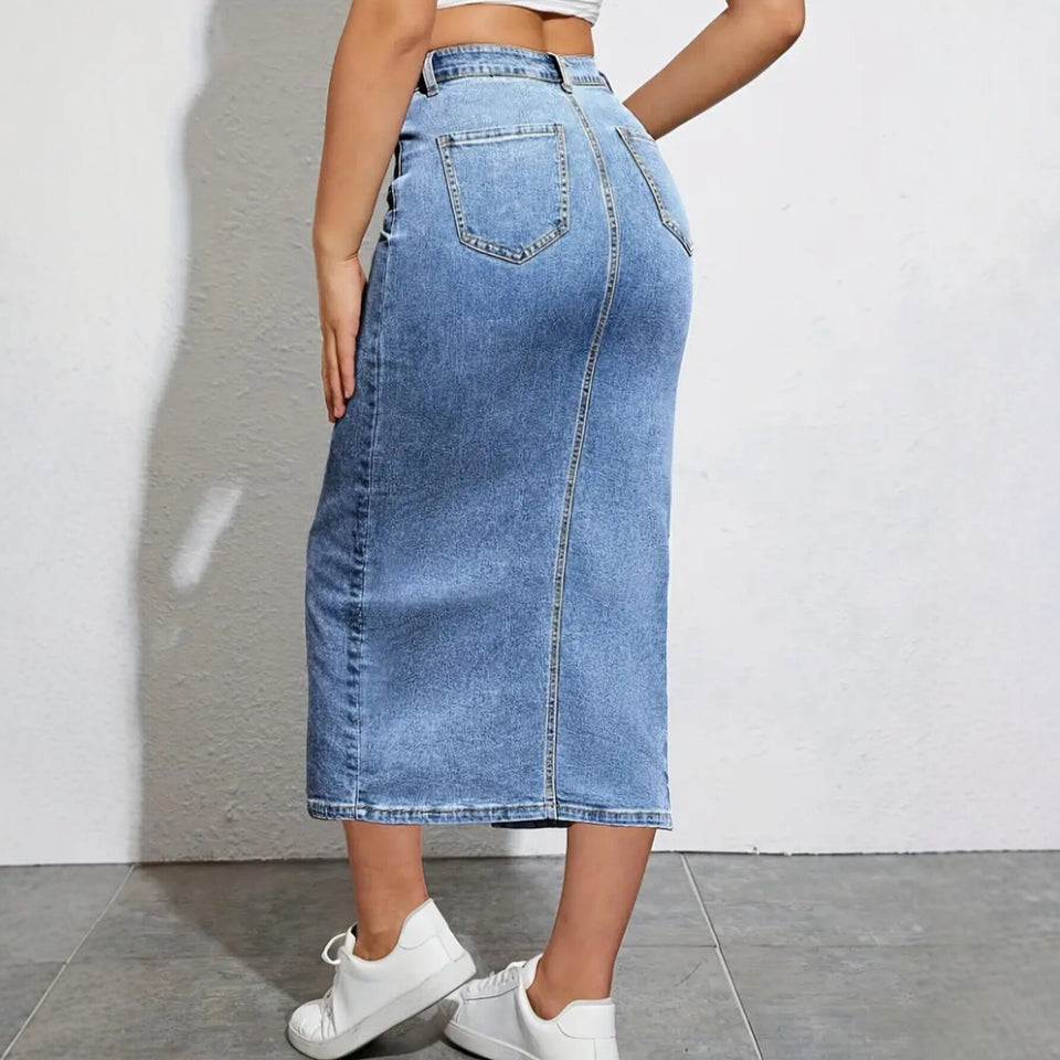 Jeansmidikjol med hög midja och slits