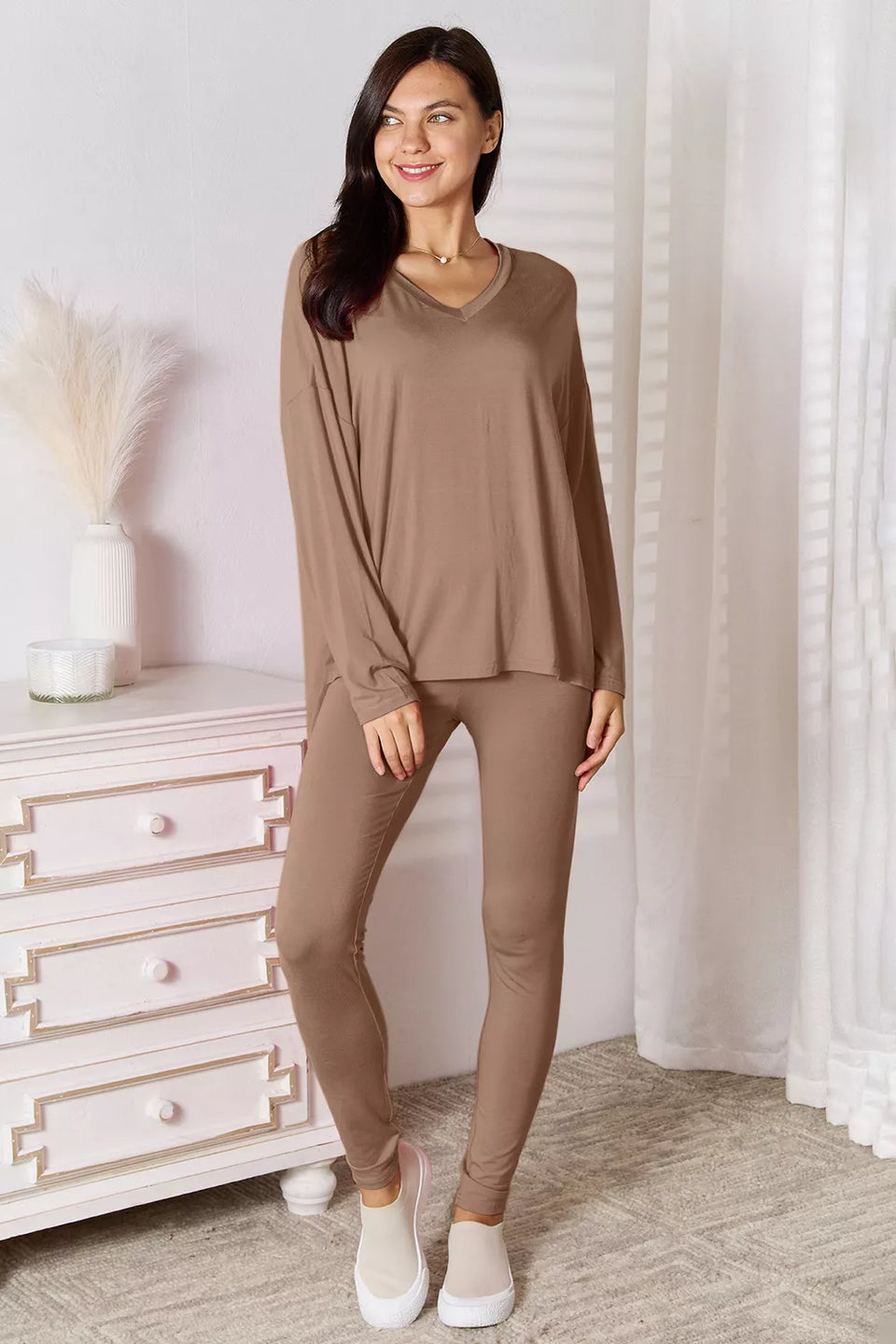 Basic Bae Soft Rayon V-Neck Top and Pants Lounge Set