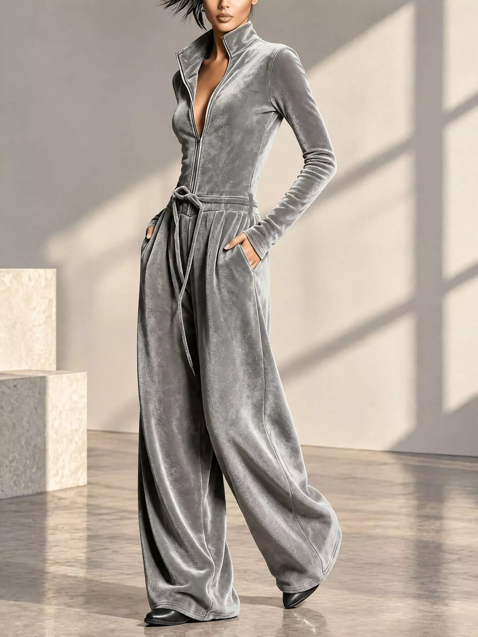 Velour Zip-Front Long Sleeve Wide-Leg Jumpsuit
