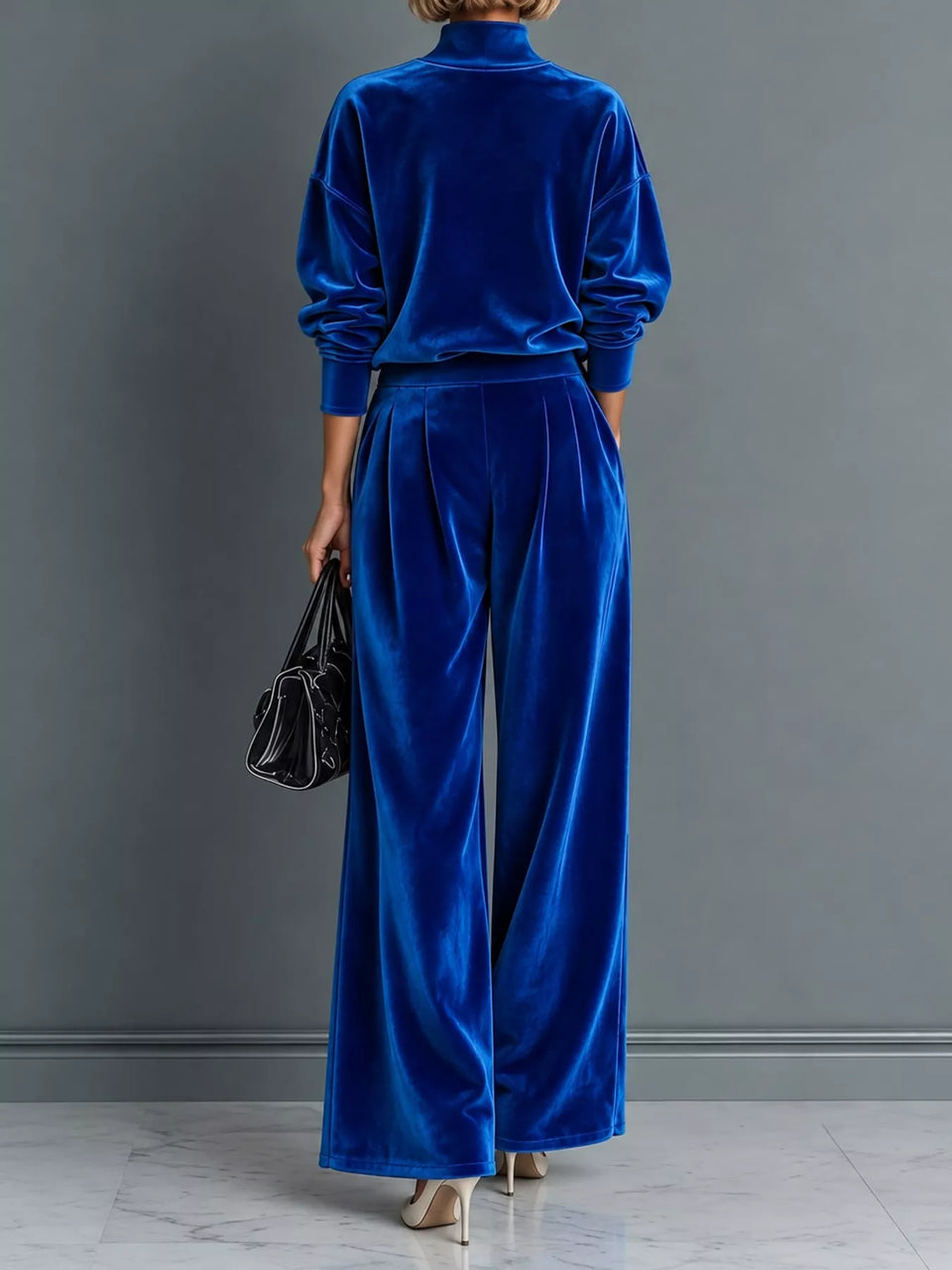 Velvet Mock Neck Long Sleeve Top and Wide-Leg Pants Set