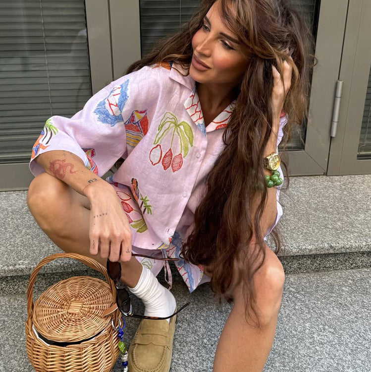 Mönstrat set med skjorta och shorts i linnemix