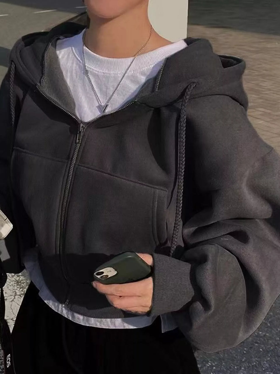 Oversized Zip-Up Cropped Hoodie