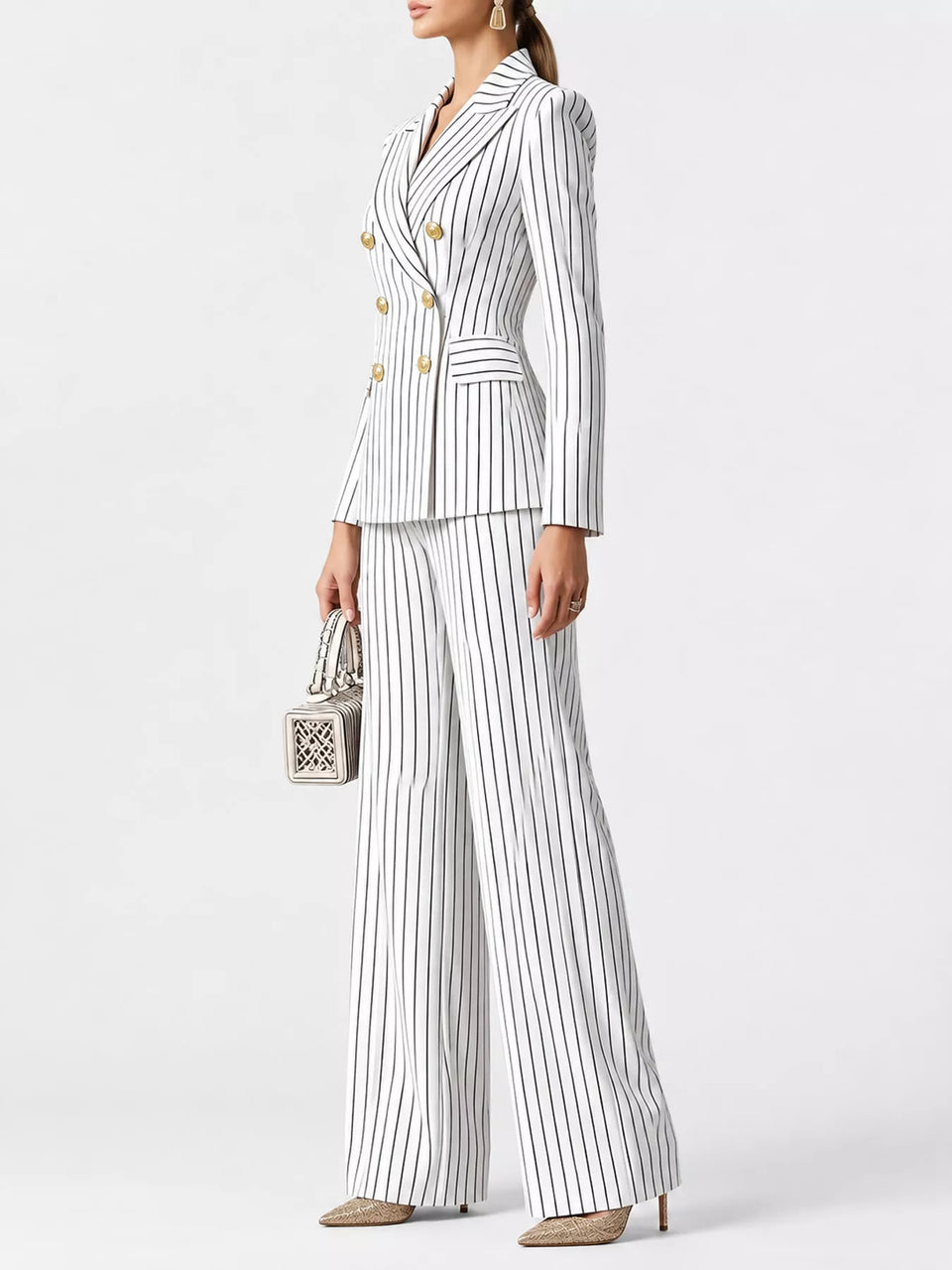 Double-Breasted Pinstripe Blazer and Wide-Leg Pants Set