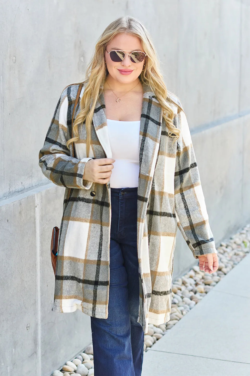Double Take Plaid Button-Up Lapel Collar Coat