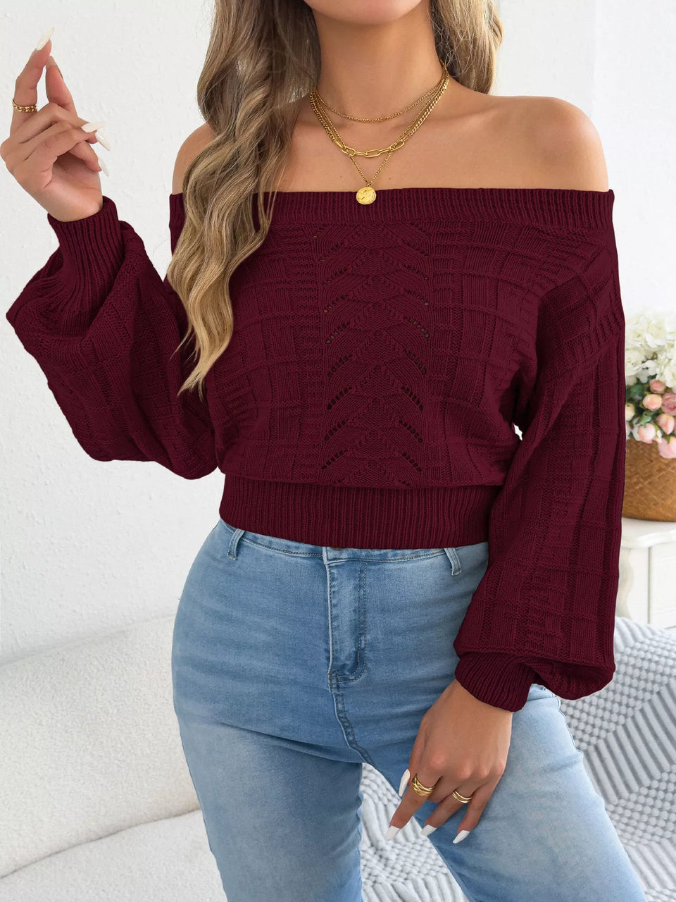 Off-Shoulder Openwork Cropped Sweater