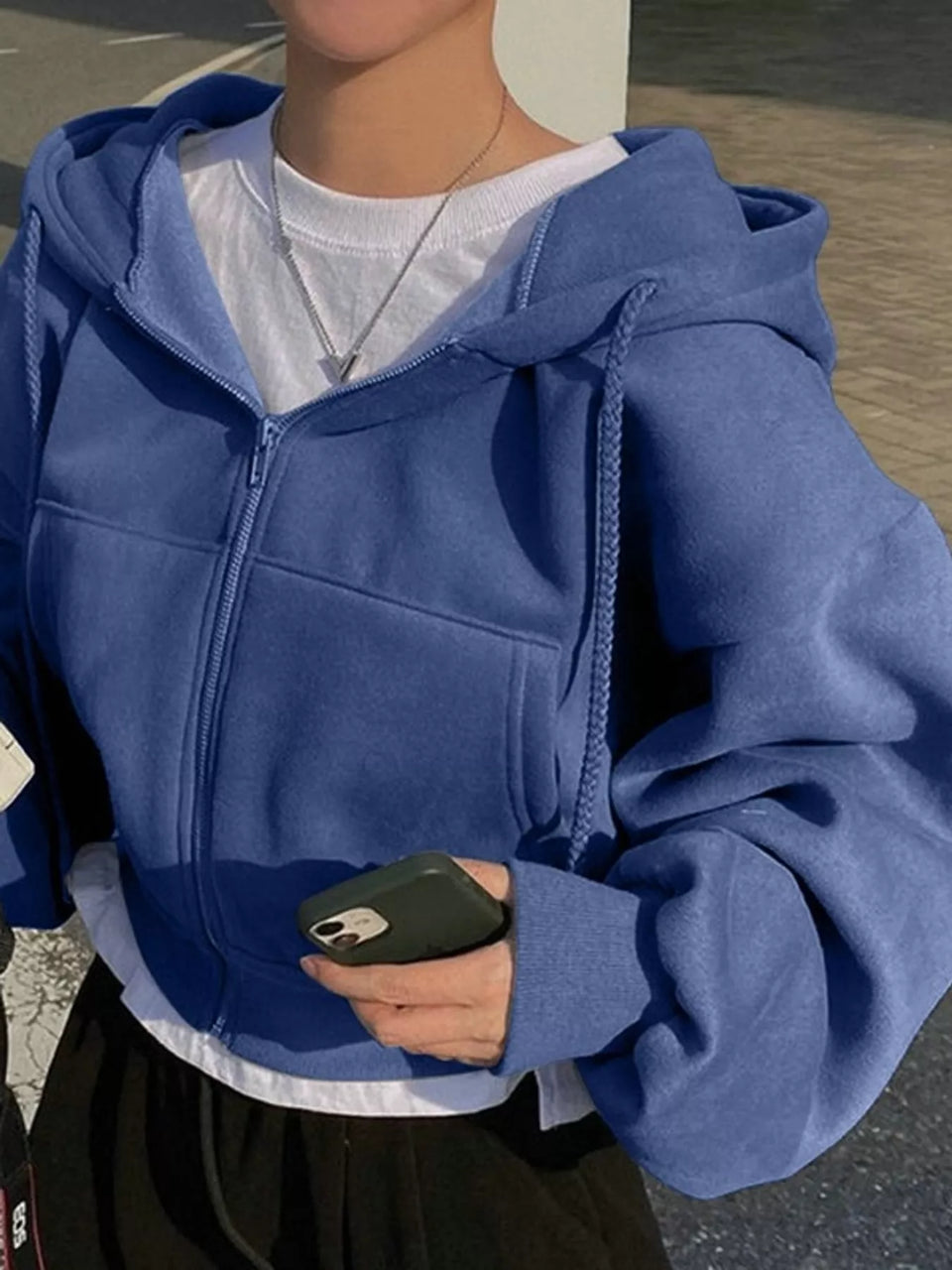 Oversized Zip-Up Cropped Hoodie
