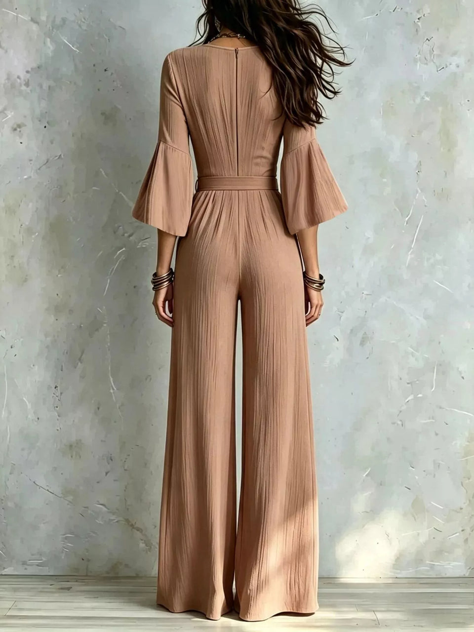 Pleated Wide-Leg Jumpsuit with Tie-Waist