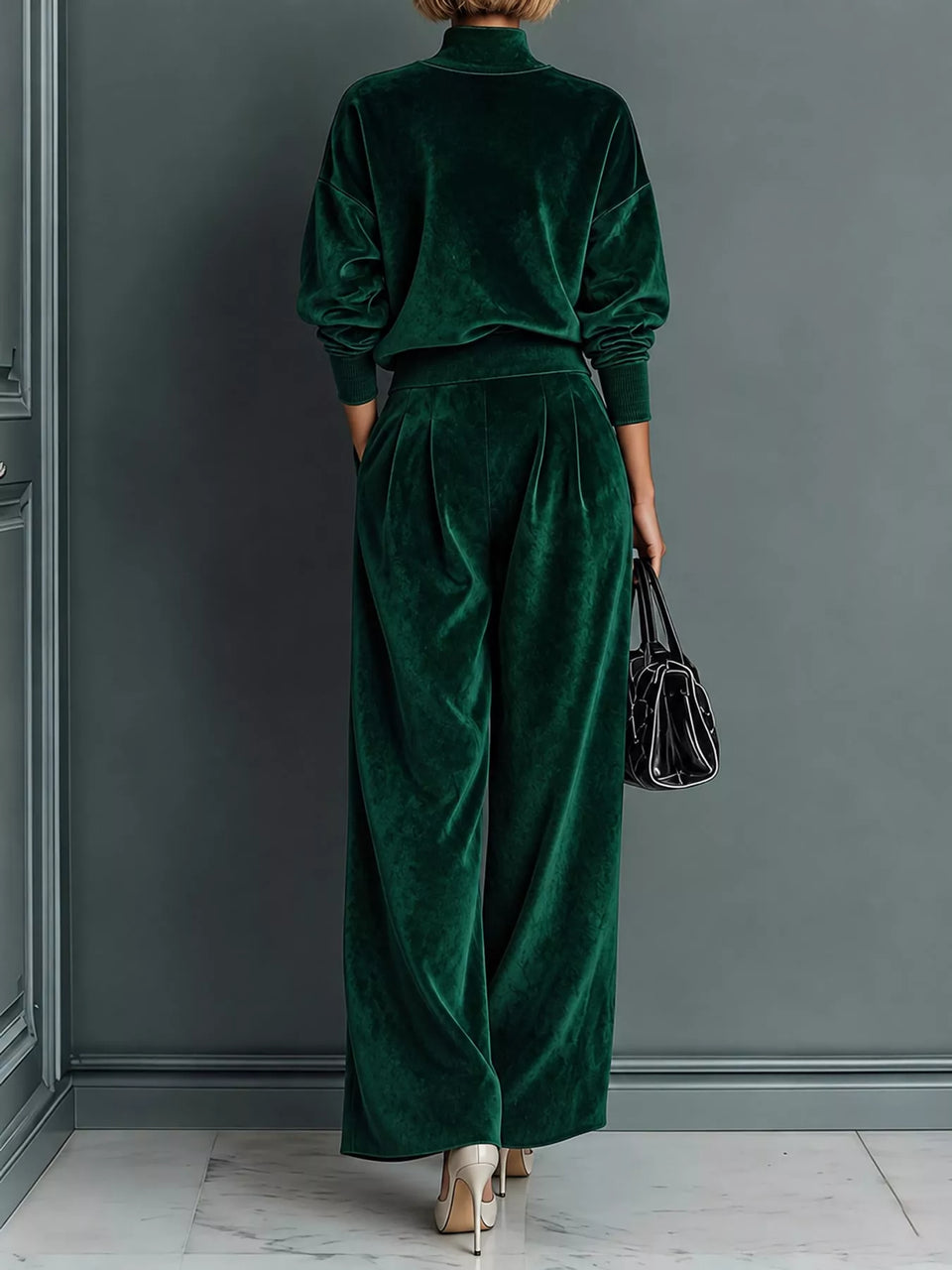 Velvet Mock Neck Long Sleeve Top and Wide-Leg Pants Set