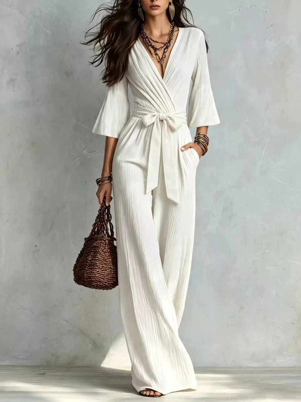 Pleated Wide-Leg Jumpsuit with Tie-Waist
