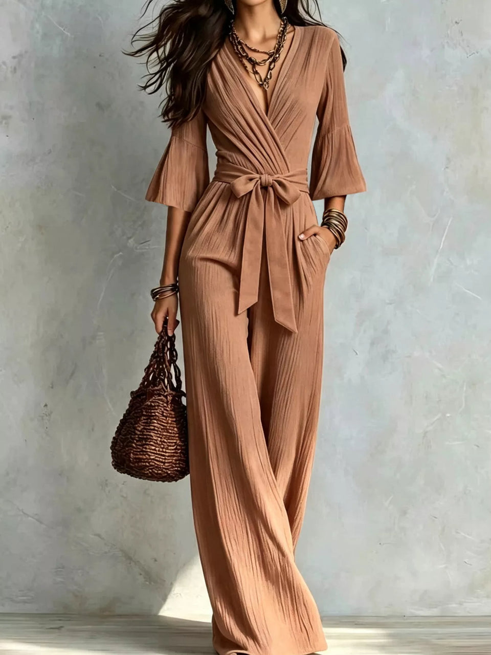 Pleated Wide-Leg Jumpsuit with Tie-Waist
