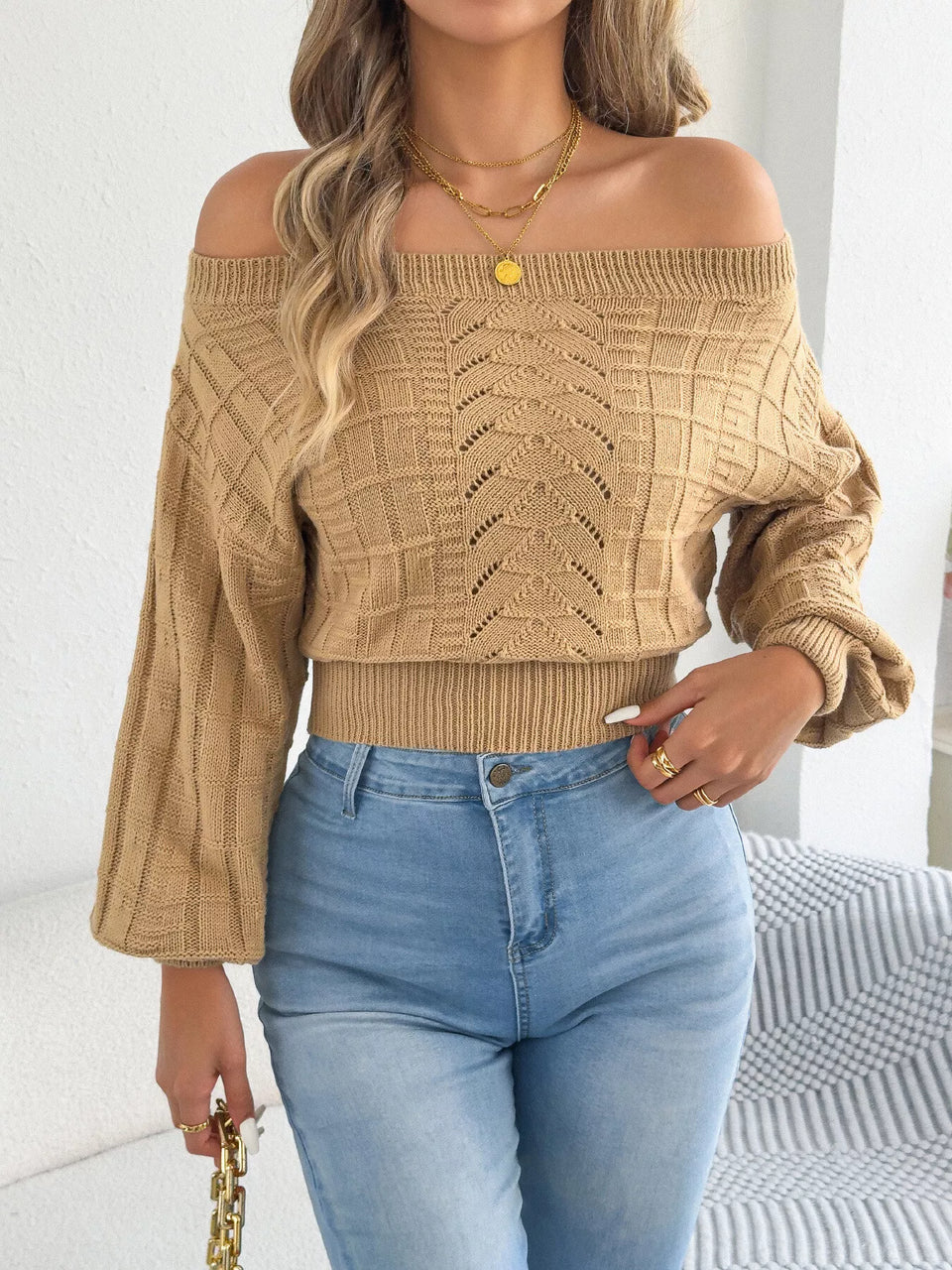 Off-Shoulder Openwork Cropped Sweater