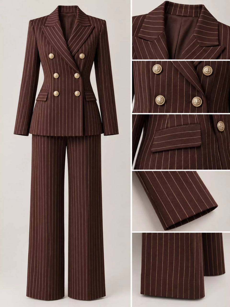 Double-Breasted Pinstripe Blazer and Wide-Leg Pants Set