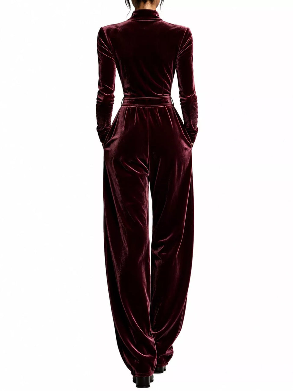 Velvet Zip-Up Jumpsuit with Tie-Waist