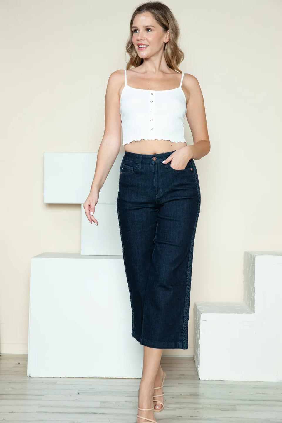 Judy Blue Side Seam Braid Crop Wide Leg Jeans