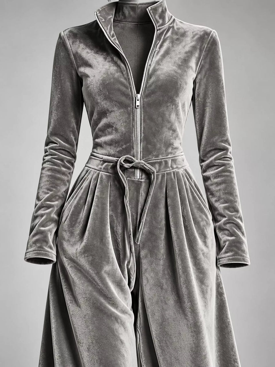 Velvet Zip-Up Jumpsuit with Tie-Waist