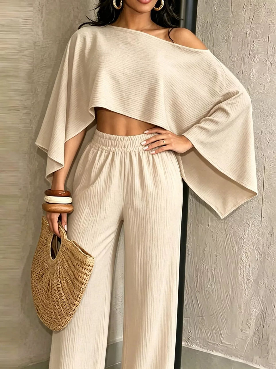 Boat Neck Crop Top and Wide-Leg Pants Set