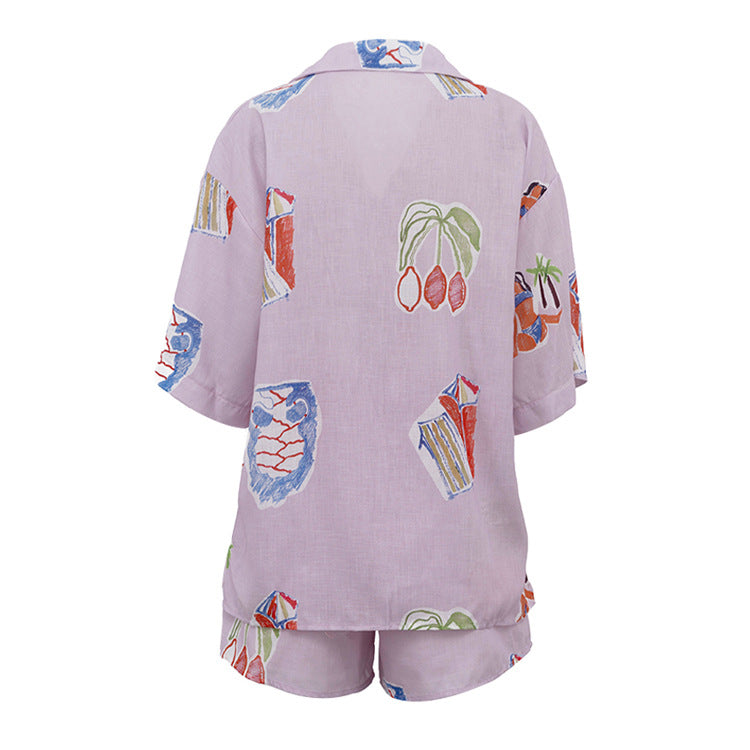Mönstrat set med skjorta och shorts i linnemix