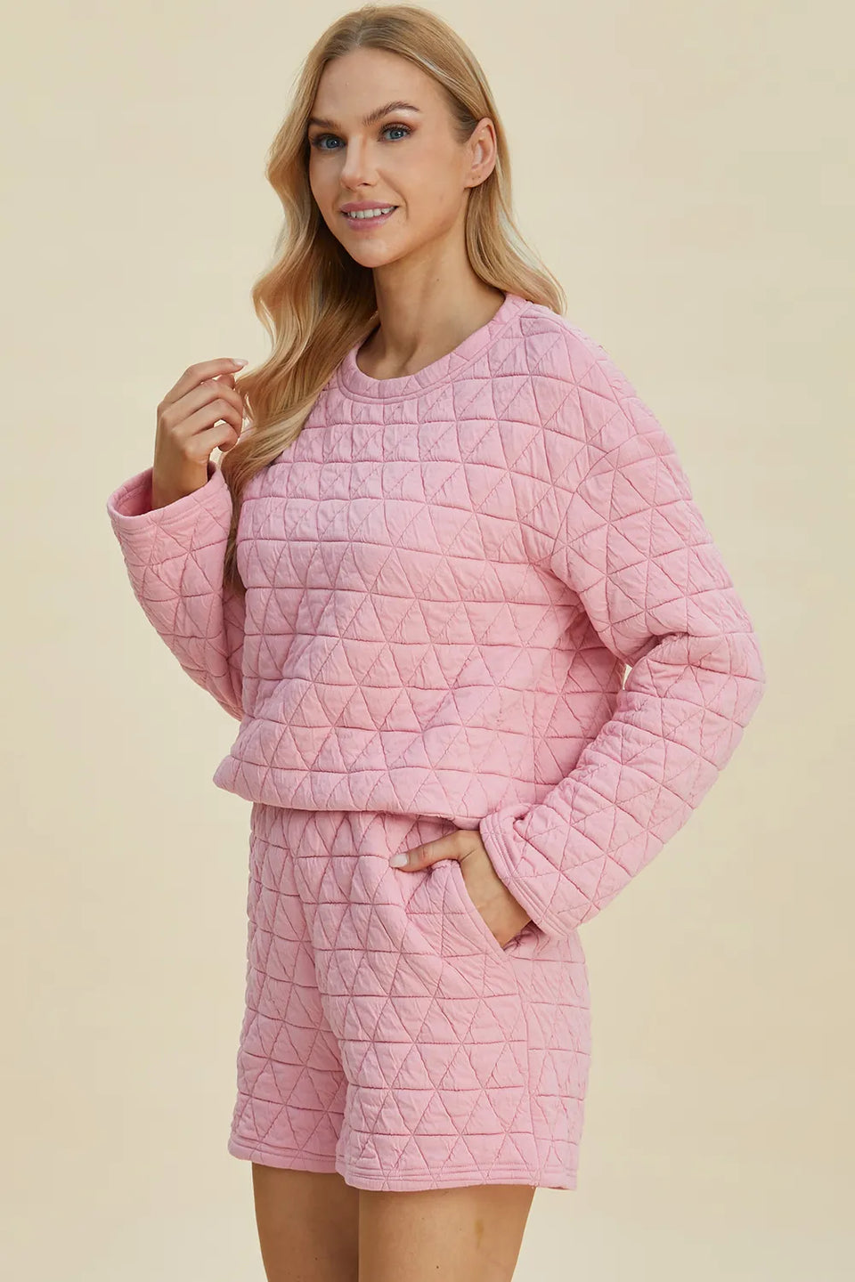 Double Take Textured Long Sleeve Top and Shorts Set